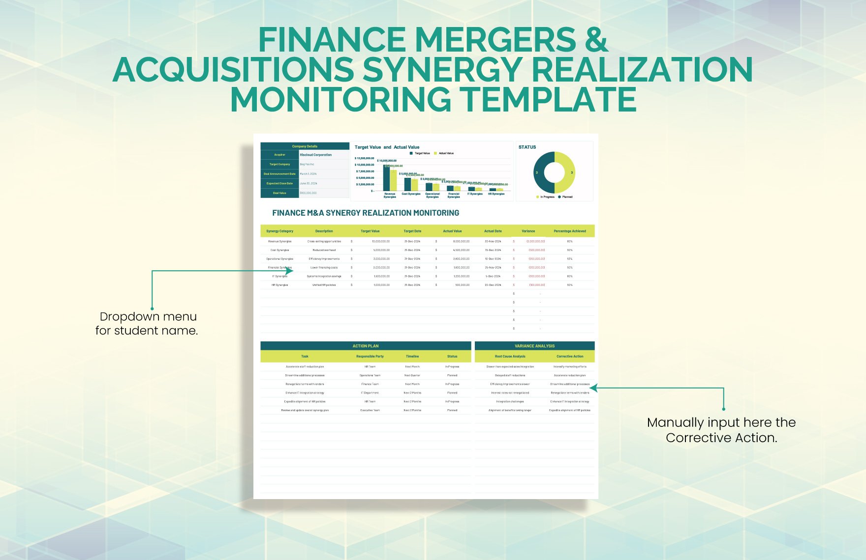 Finance Mergers & Acquisitions Synergy Realization Monitoring Template