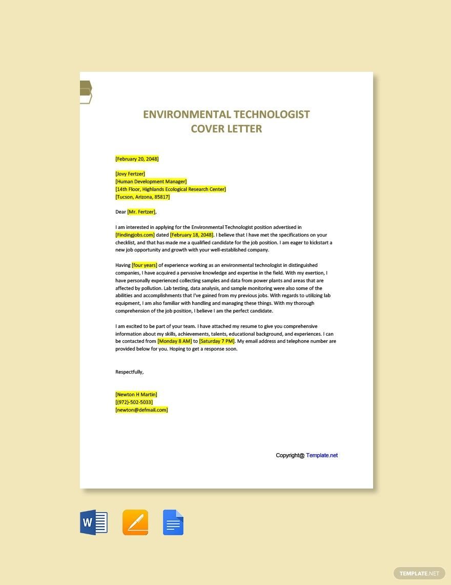 Environmental Technologist Cover Letter