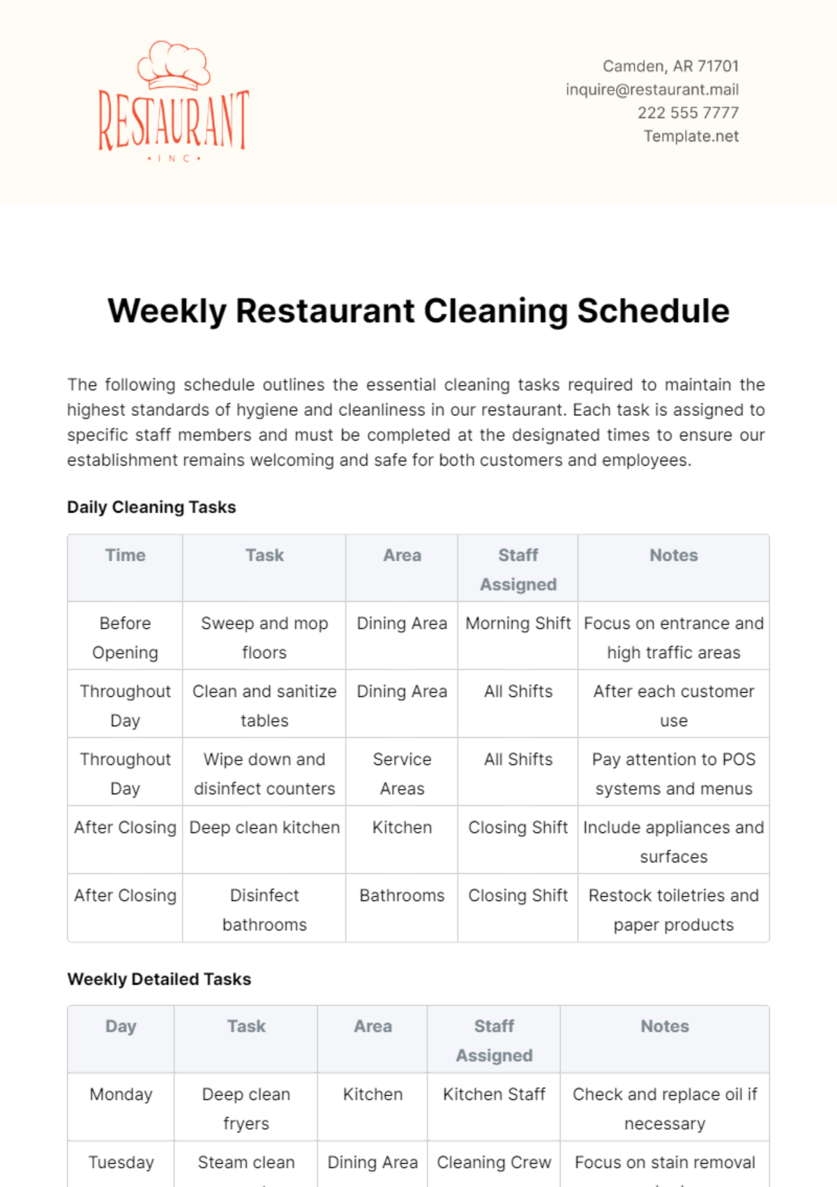 Weekly Restaurant Cleaning Schedule Template - Edit Online & Download