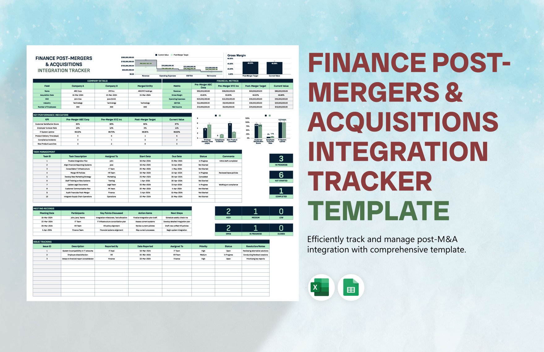 Finance Post-Mergers & Acquisitions Integration Tracker Template in Excel, Google Sheets