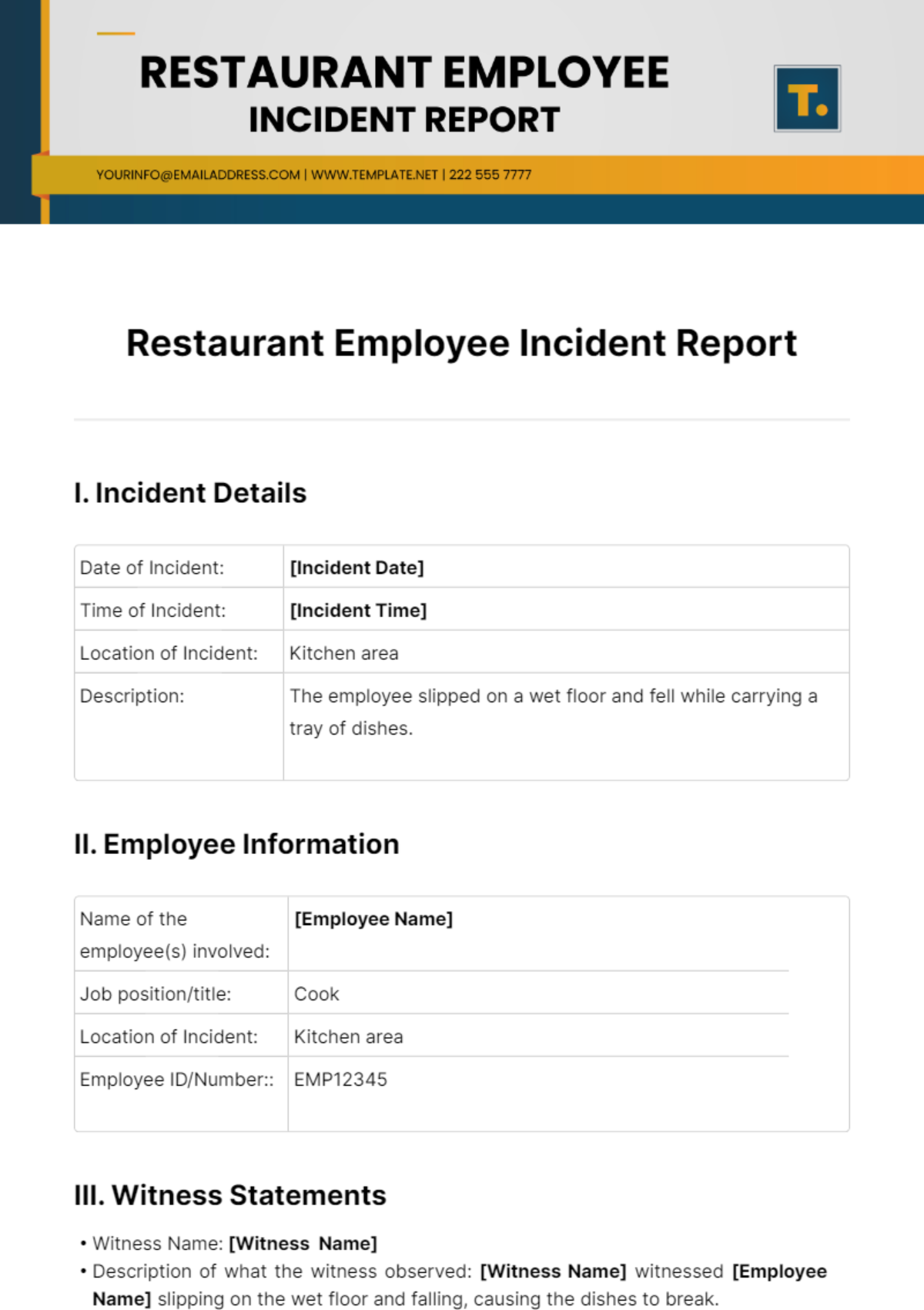 Restaurant Employee Incident Report Template - Edit Online & Download