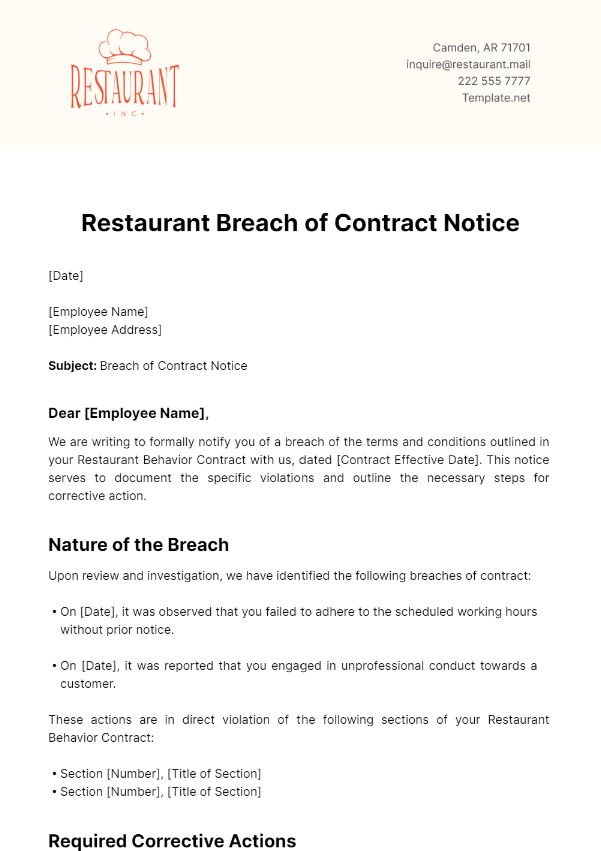 Free Restaurant Breach of Contract Notice Template