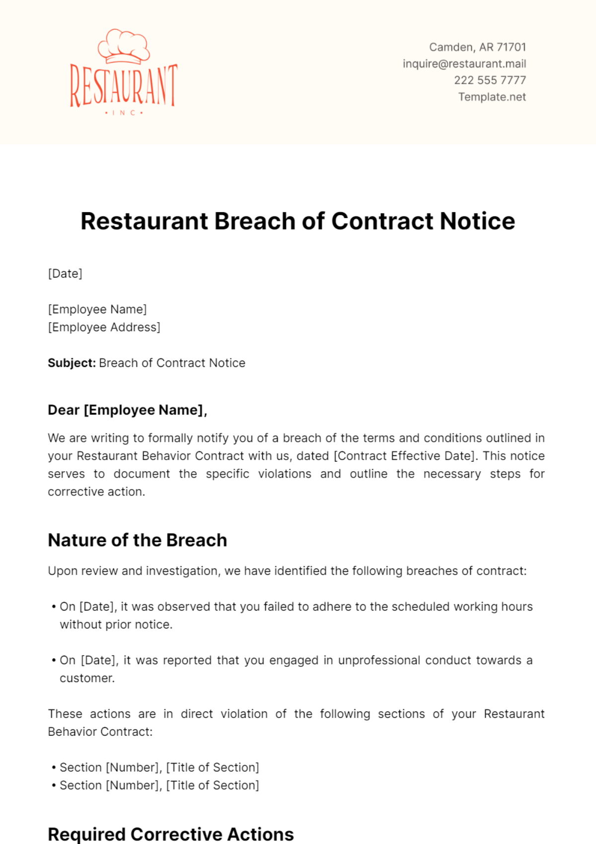 Restaurant Breach of Contract Notice Template - Edit Online & Download