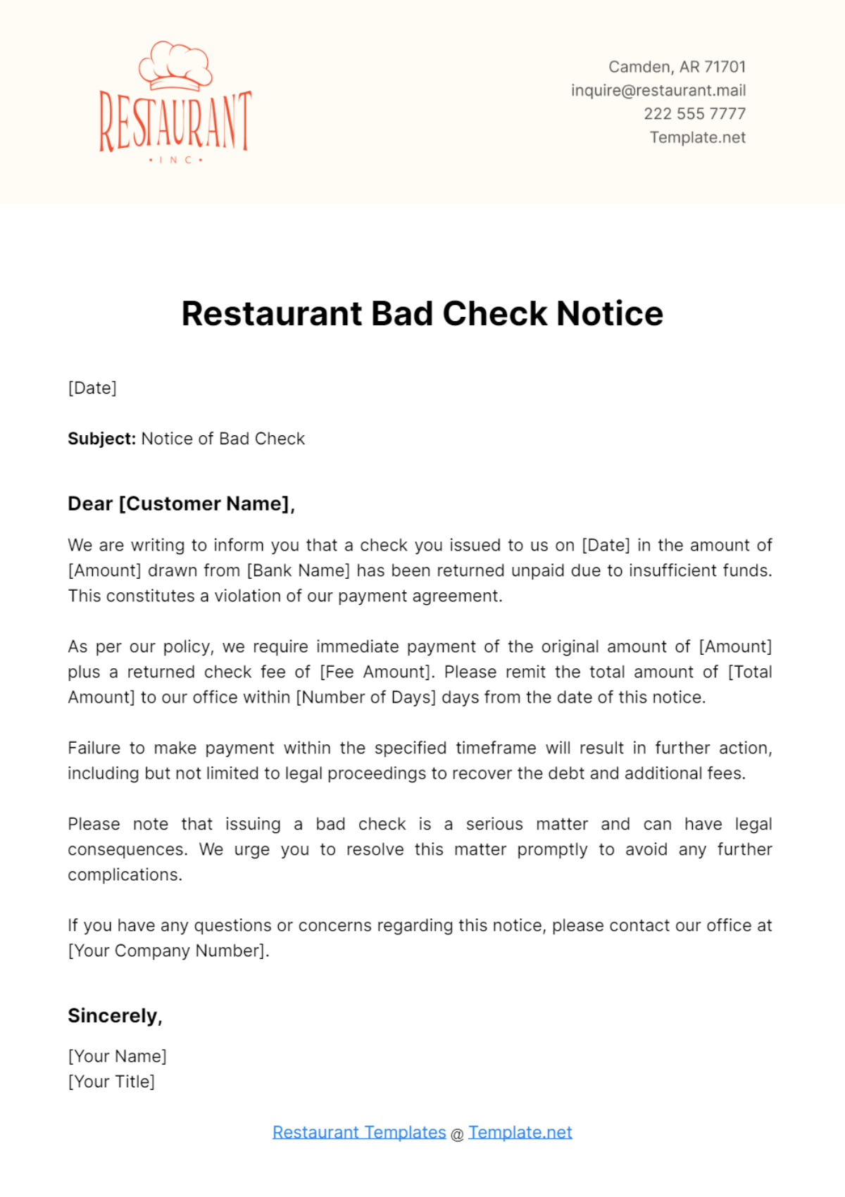 Free Restaurant Bad Check Notice Template