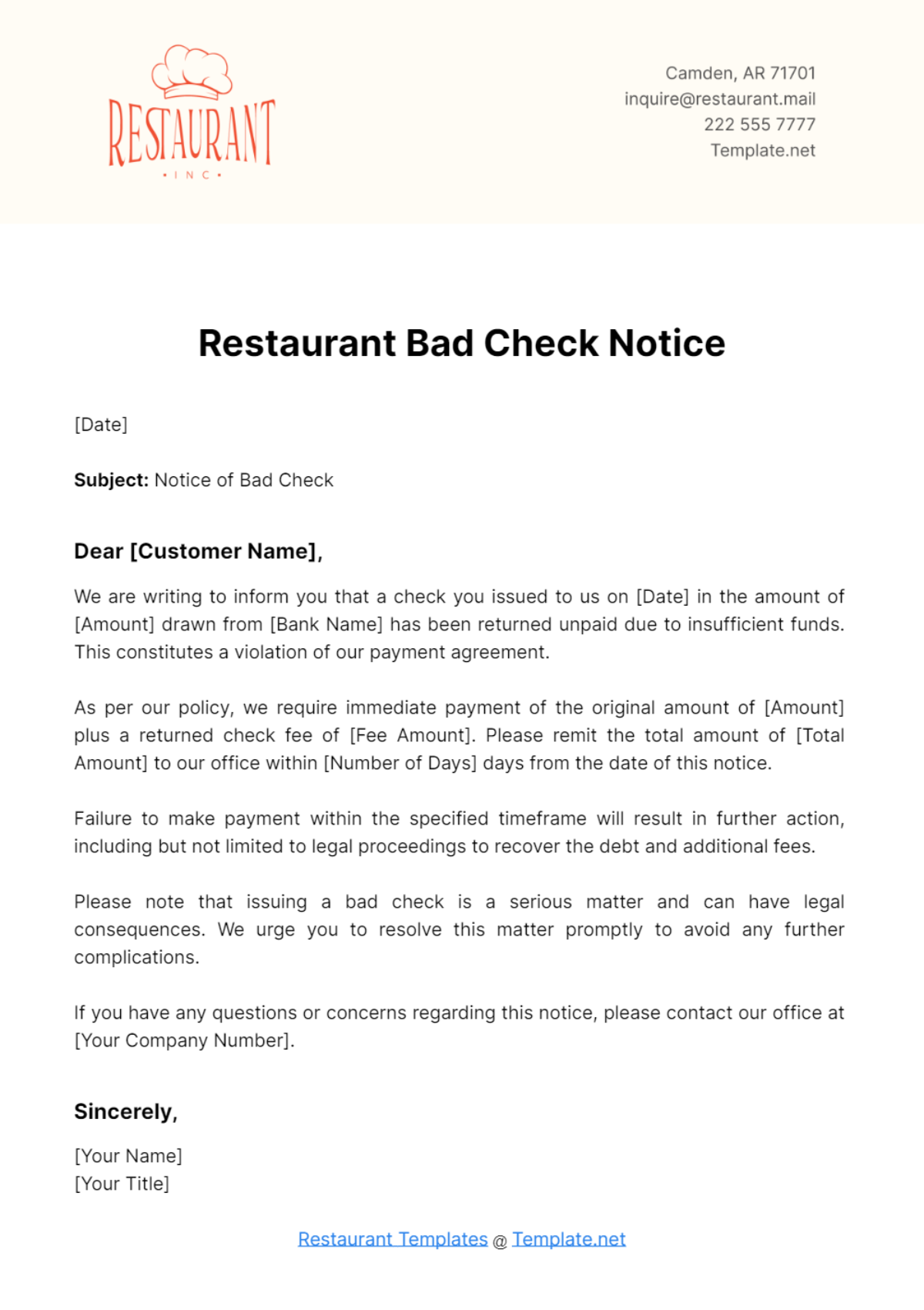 Restaurant Bad Check Notice Template - Edit Online & Download