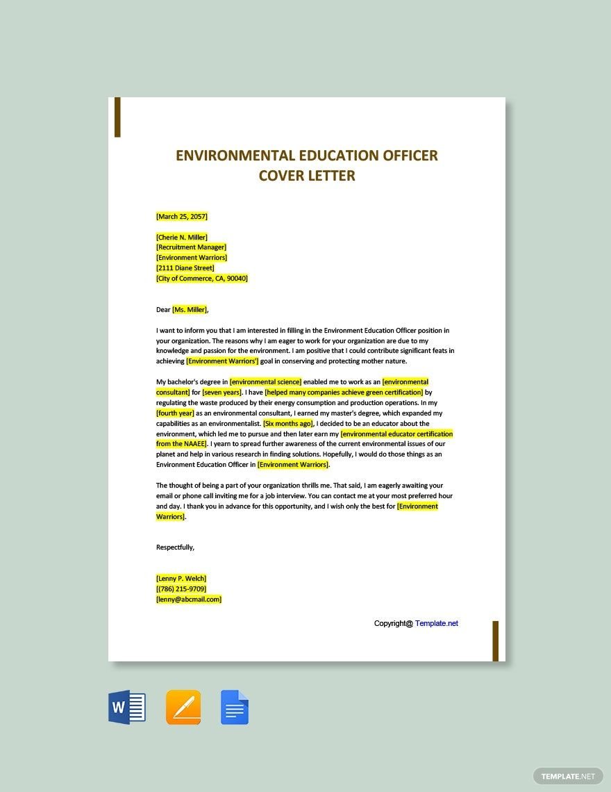 Free Environmental Education Officer Cover Letter Template