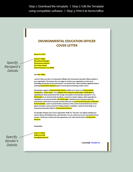  Environmental Education Officer Cover Letter Template