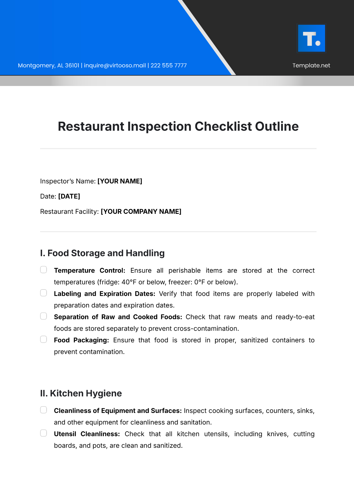 Restaurant Inspection Checklist Outline Template