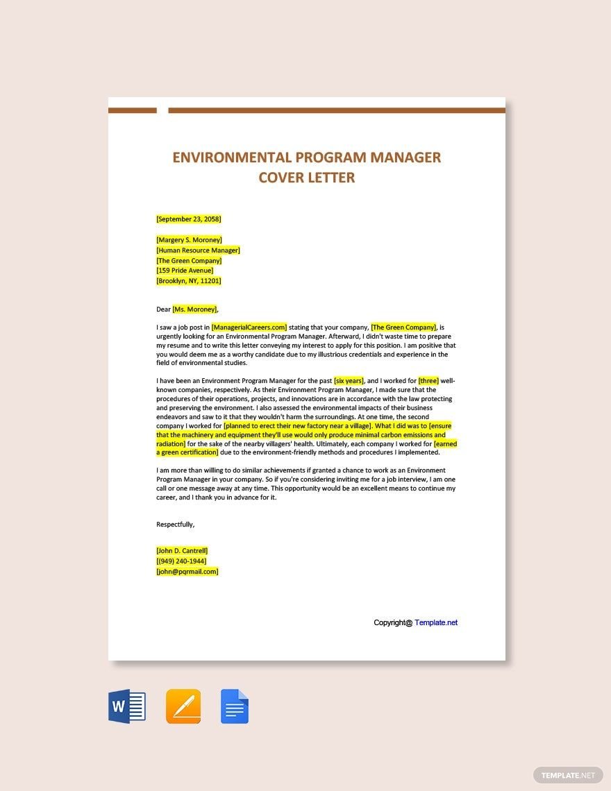Free Environmental Program Manager Cover Letter Template