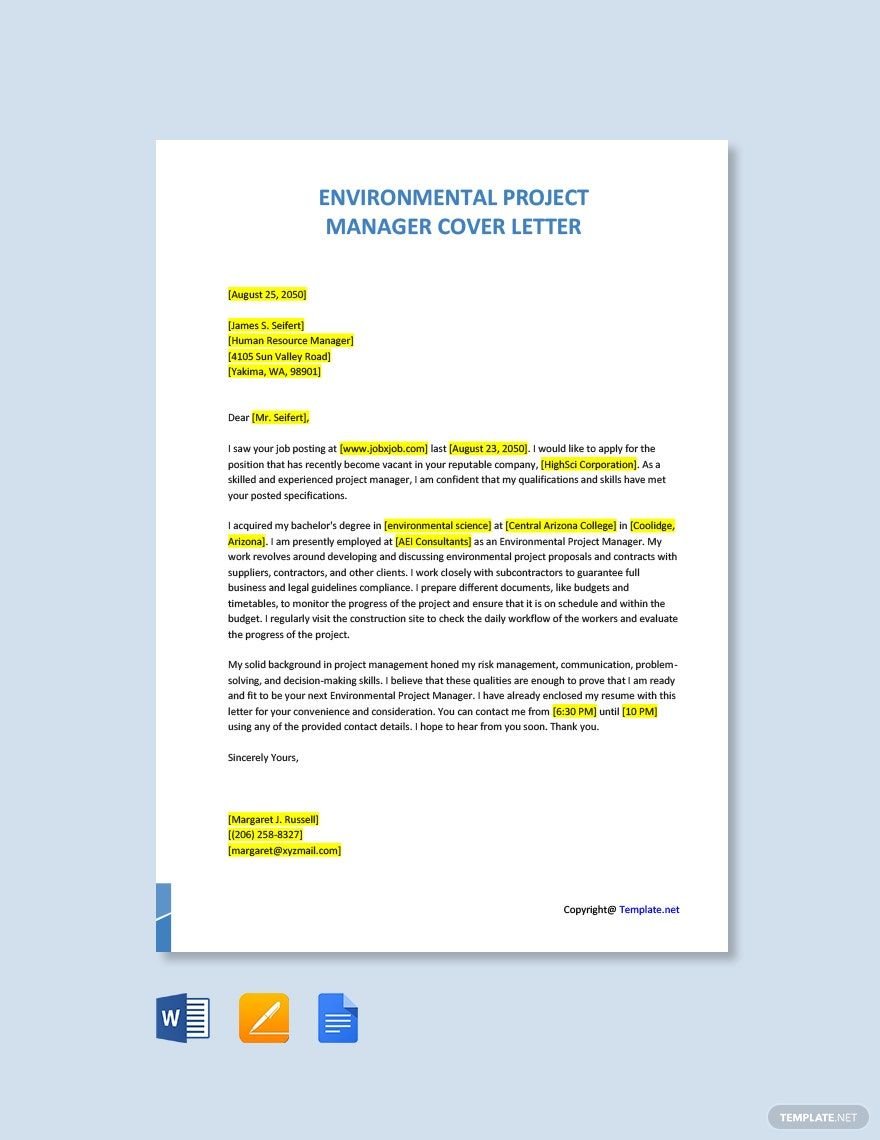 Environmental Project Manager Cover Letter Template