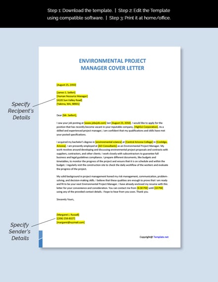 Environmental Project Manager Cover Letter Template