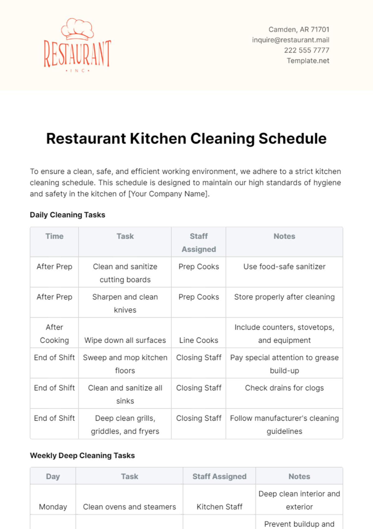 Restaurant Kitchen Cleaning Schedule Template - Edit Online & Download ...