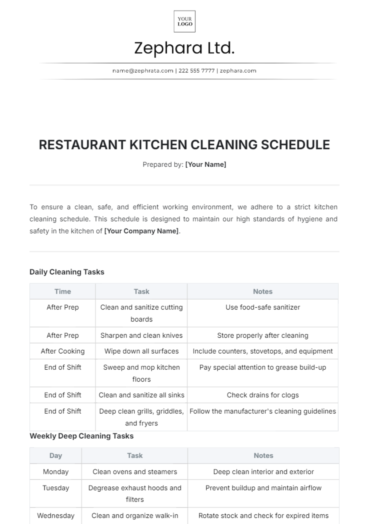 Restaurant Kitchen Cleaning Schedule Template