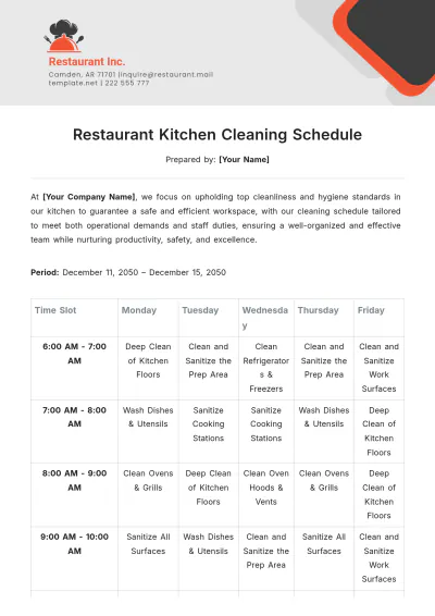 Free Restaurant Kitchen Cleaning Schedule Template to Edit Online