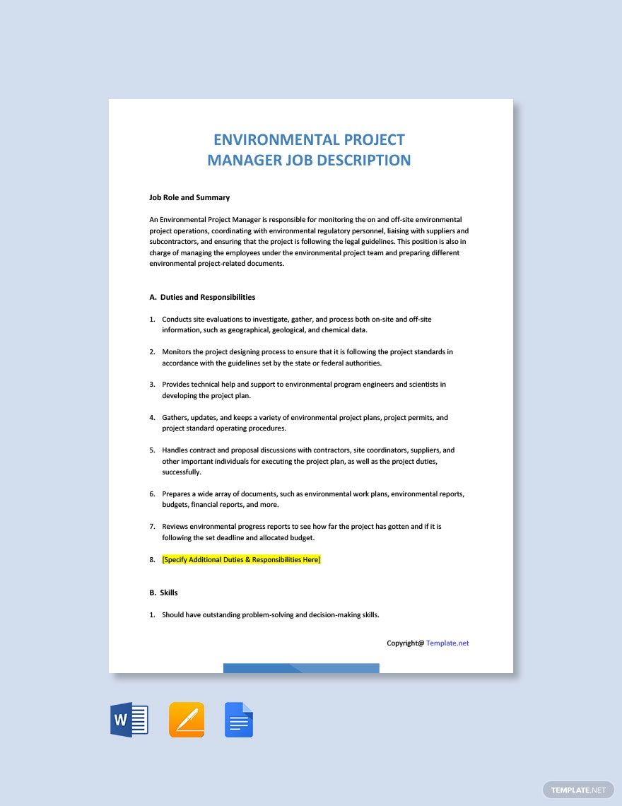 Environmental Project Manager Job Ad/Description Template