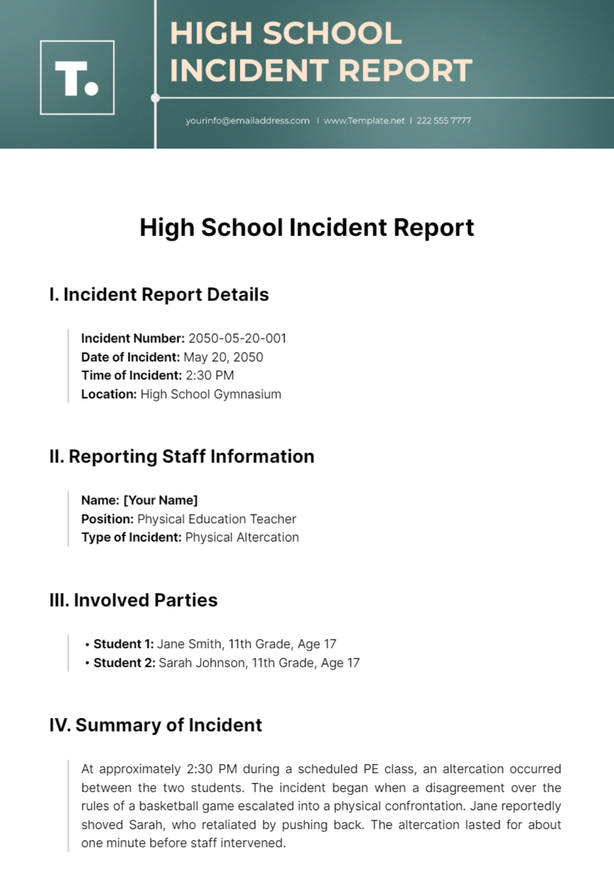 High School Incident Report Template | Template.net