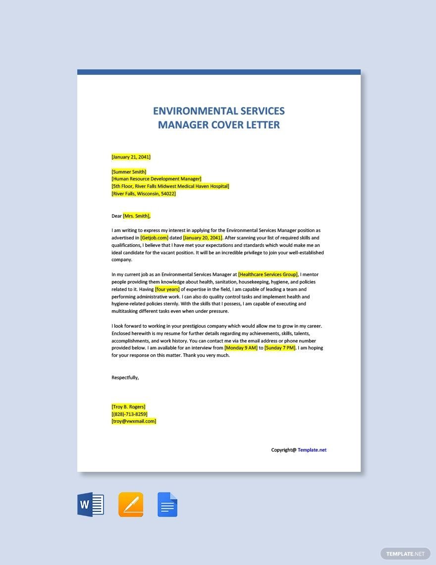 Environmental Services Manager Cover Letter Template