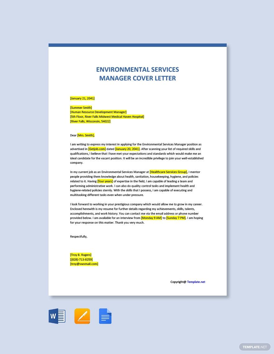 Environmental Health And Safety Manager Cover Letter Template - Google ...