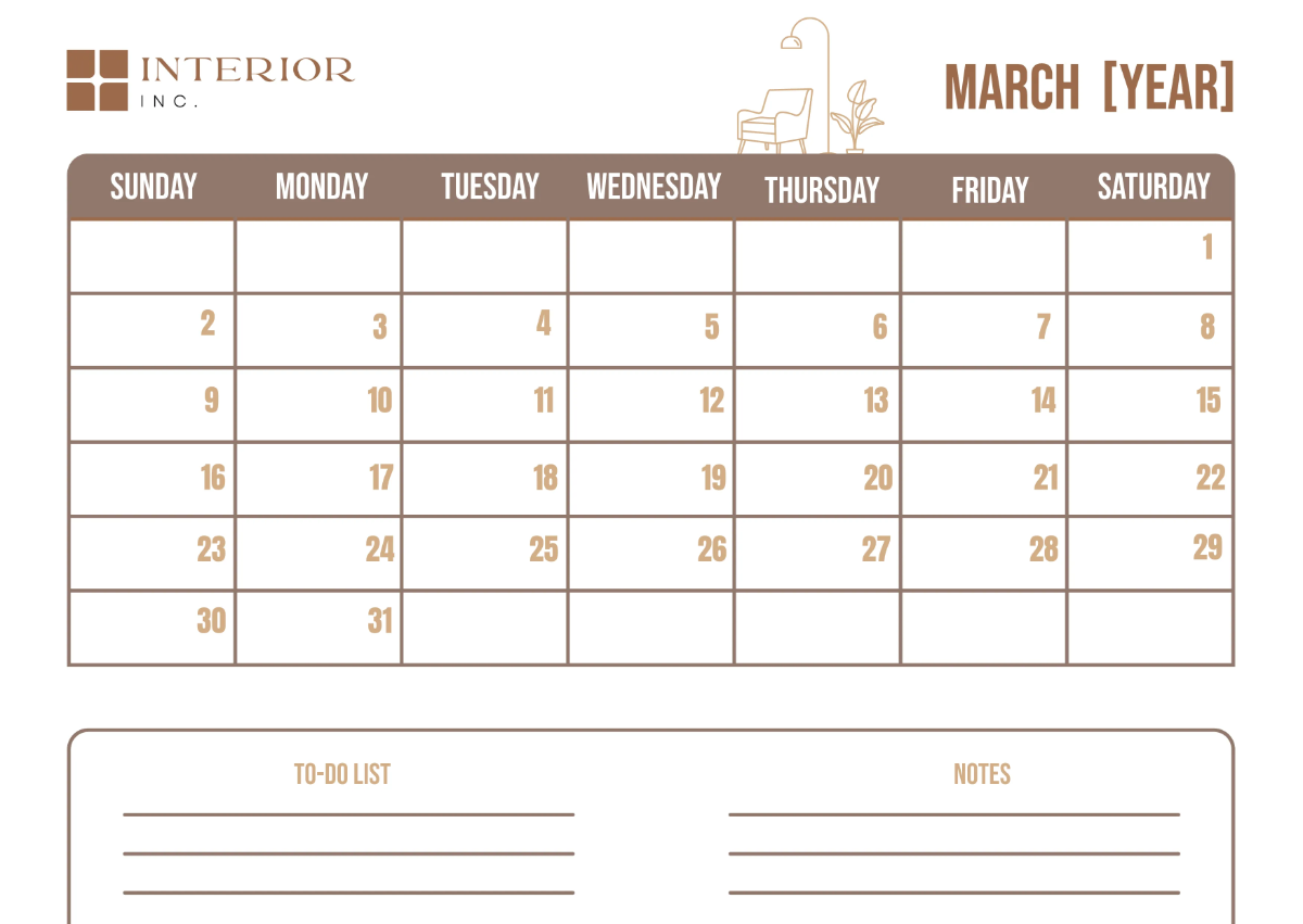 Free Interior Design Monthly Calendar Template to Edit Online