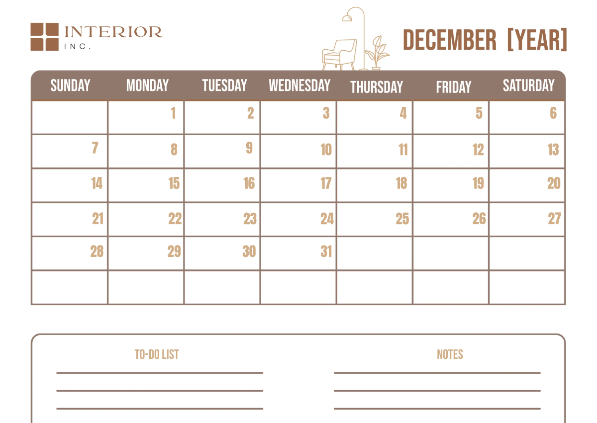 Free Interior Design Monthly Calendar Template to Edit Online