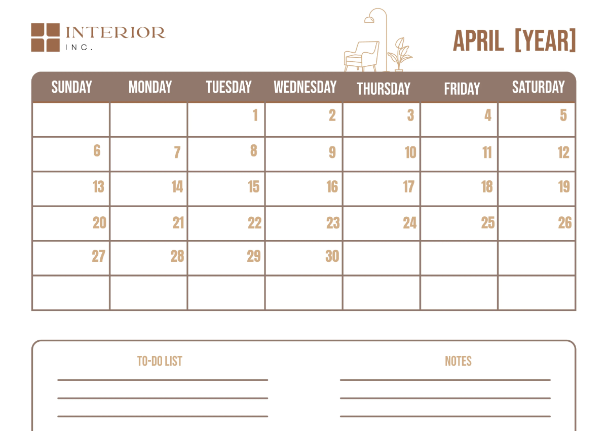 Free Interior Design Monthly Calendar Template to Edit Online