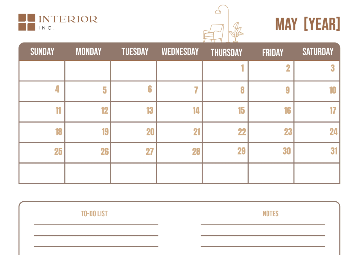 Free Interior Design Monthly Calendar Template to Edit Online