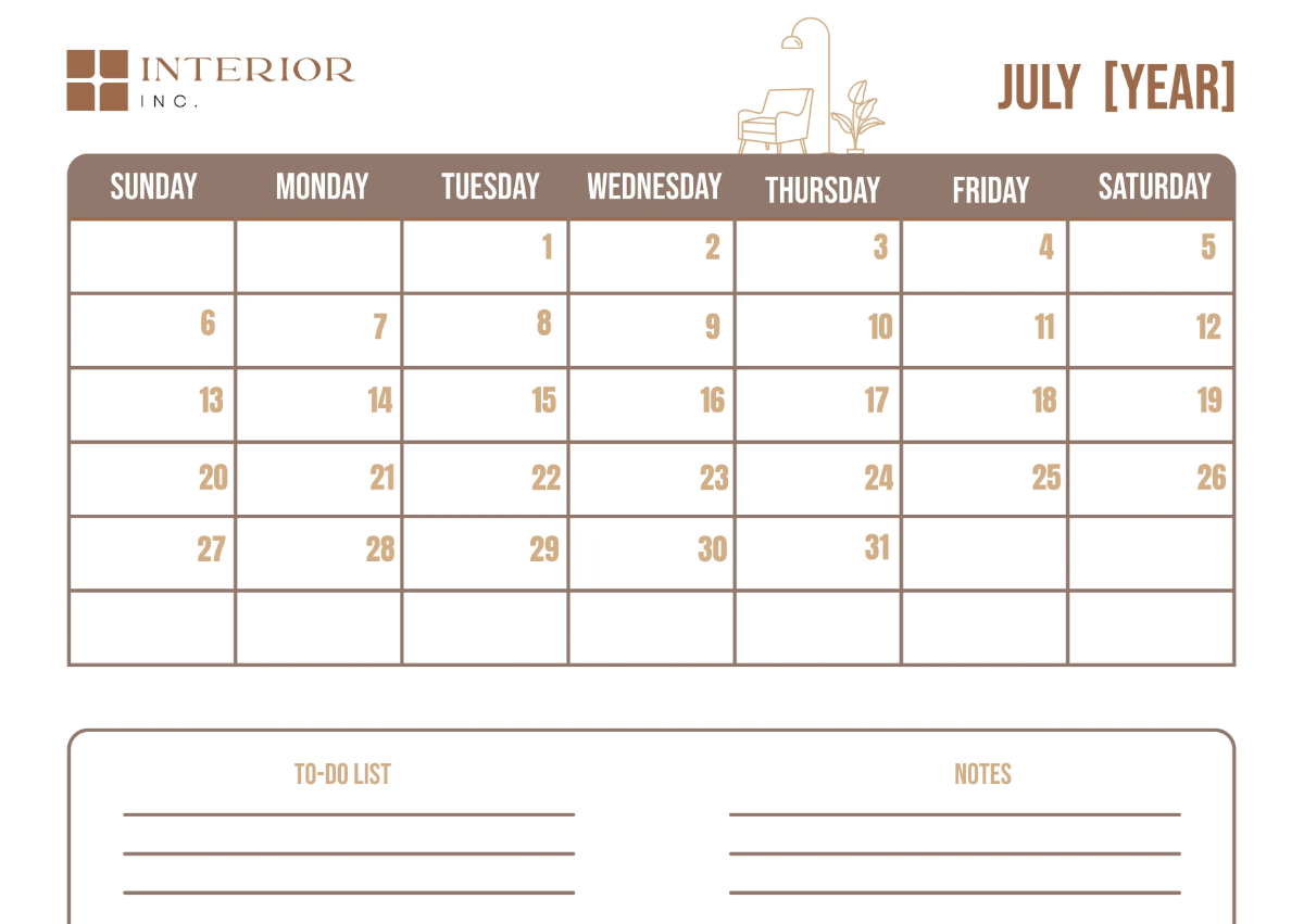 Free Interior Design Monthly Calendar Template to Edit Online