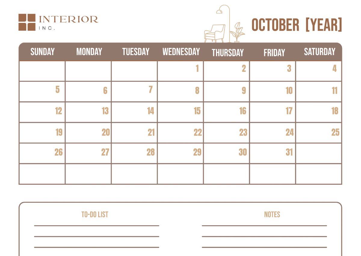 Free Interior Design Monthly Calendar Template to Edit Online