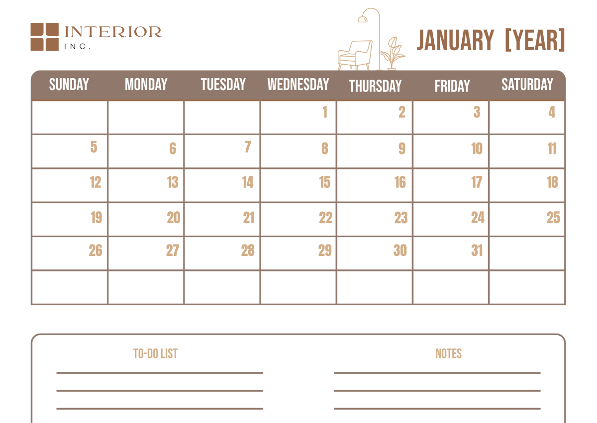 Interior Design Monthly Calendar