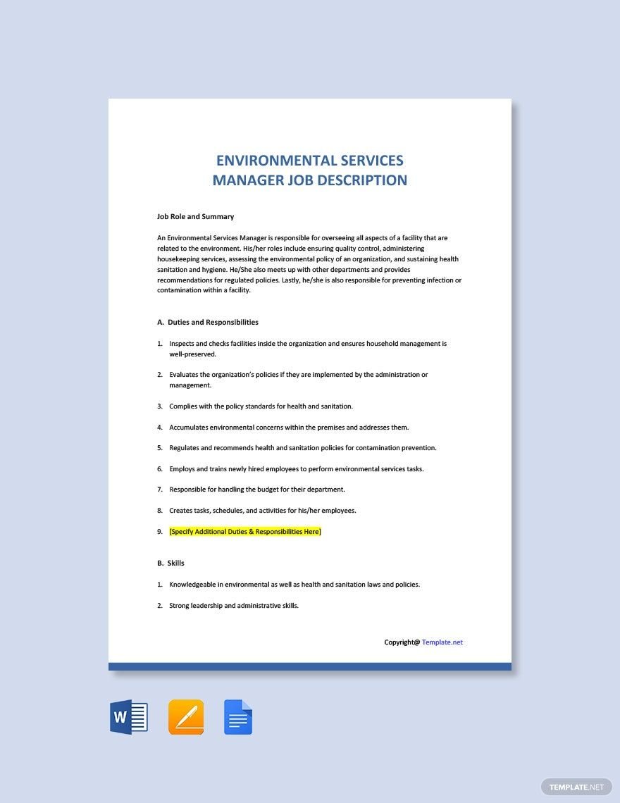 Environmental Services Manager Job Ad/Description Template