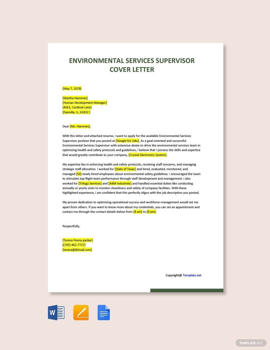 Environmental Services Supervisor Cover Letter