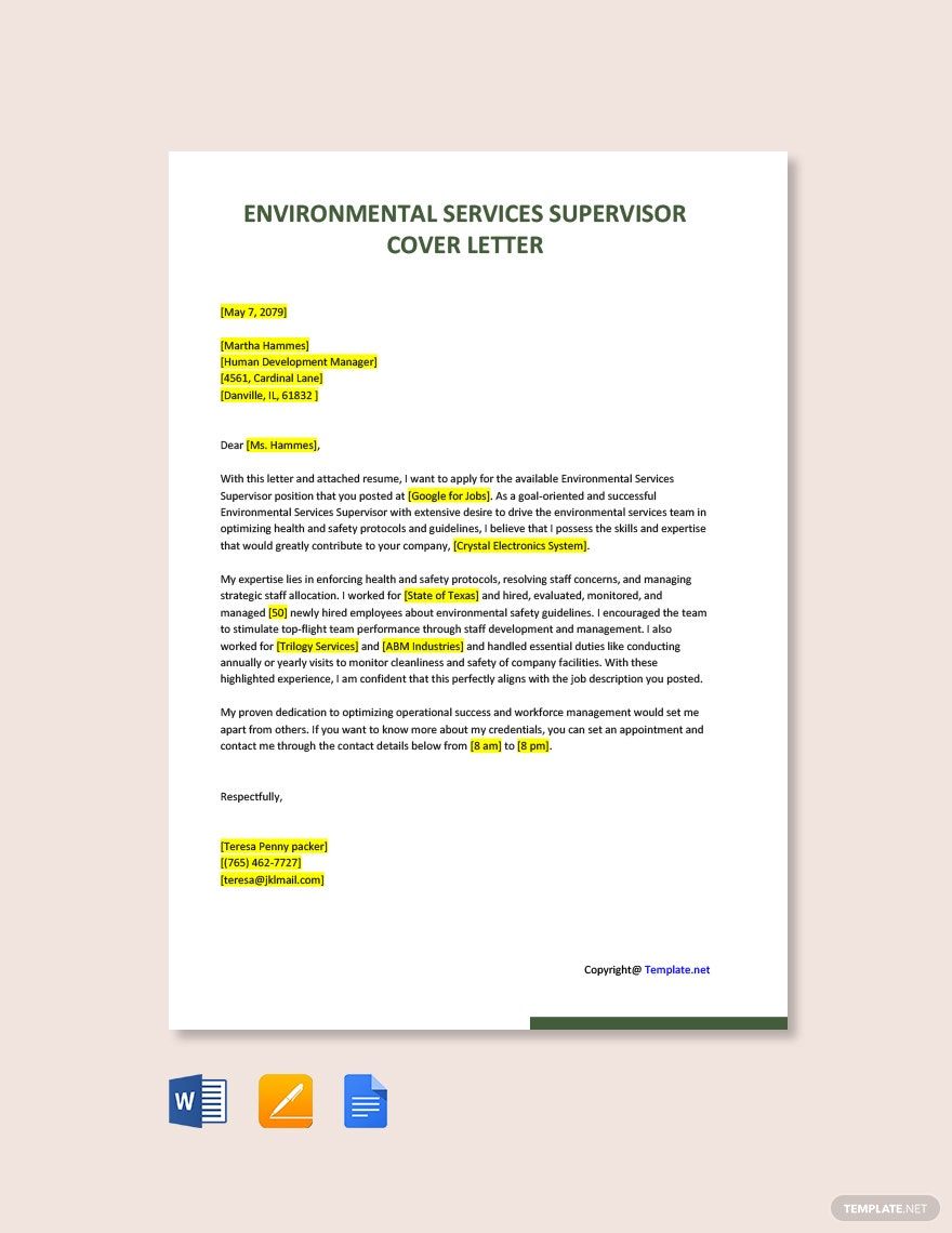 Environmental Services Supervisor Cover Letter in Google Docs, Word, Pages - Download | Template.net