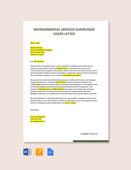 Environmental Services Supervisor Cover Letter 