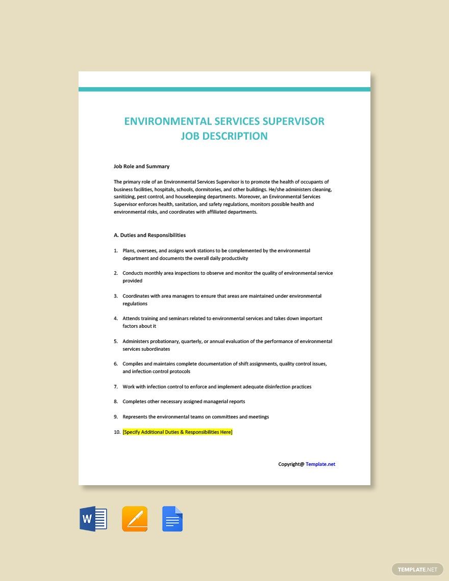 Free Environmental Services Supervisor Job Ad/Description Template