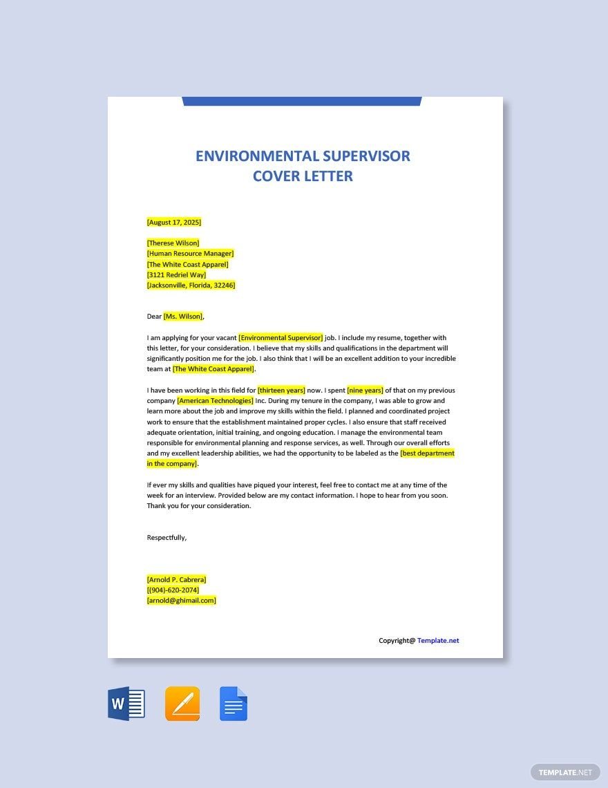 Environmental Supervisor Cover Letter