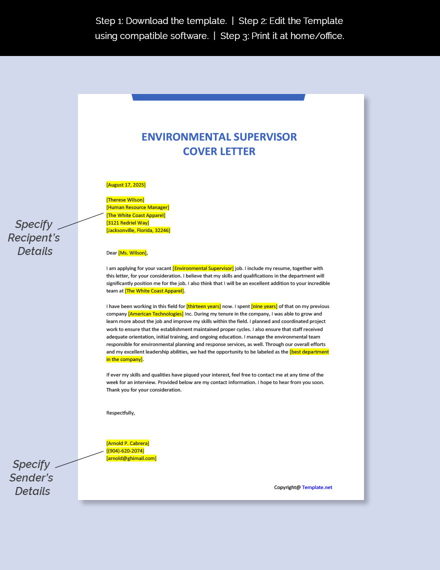 Environmental Supervisor Cover Letter