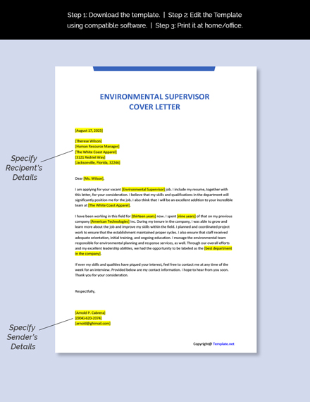 Environmental Supervisor Cover Letter Template
