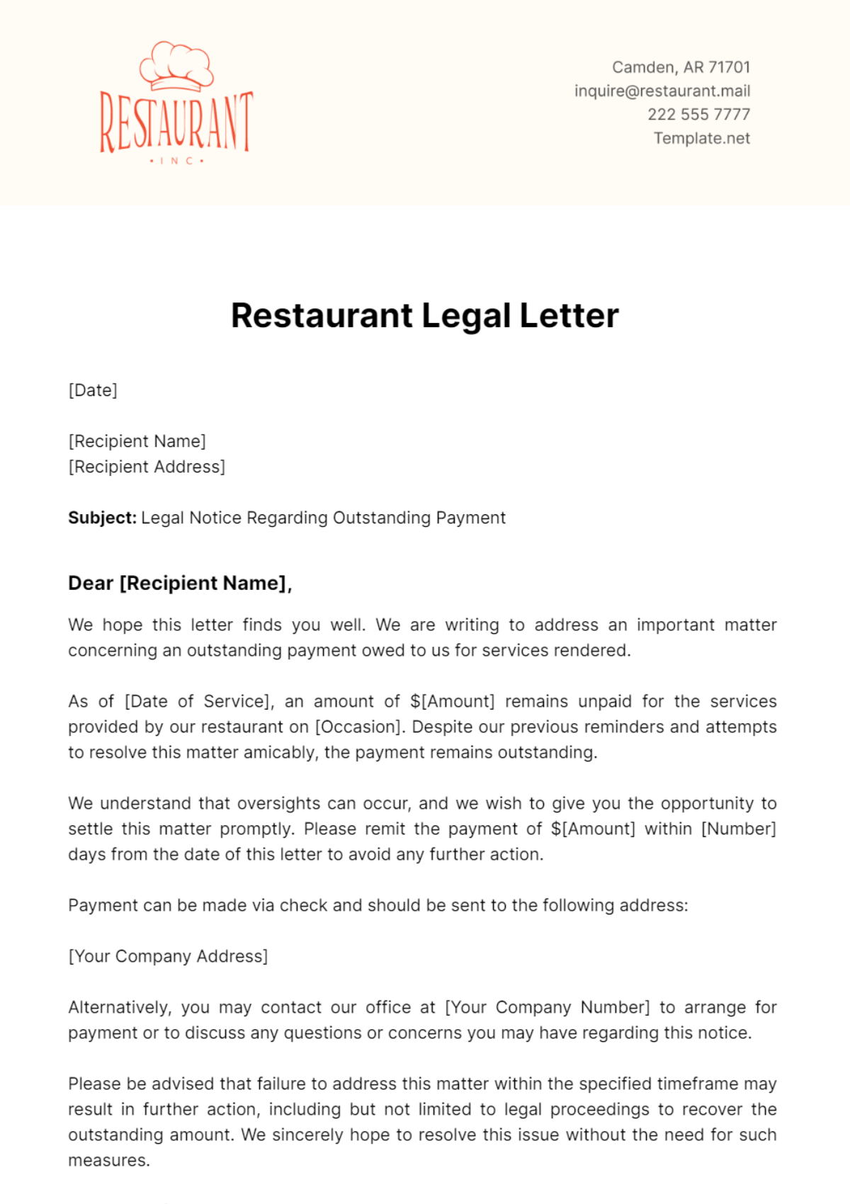 Restaurant Legal Letter Template
