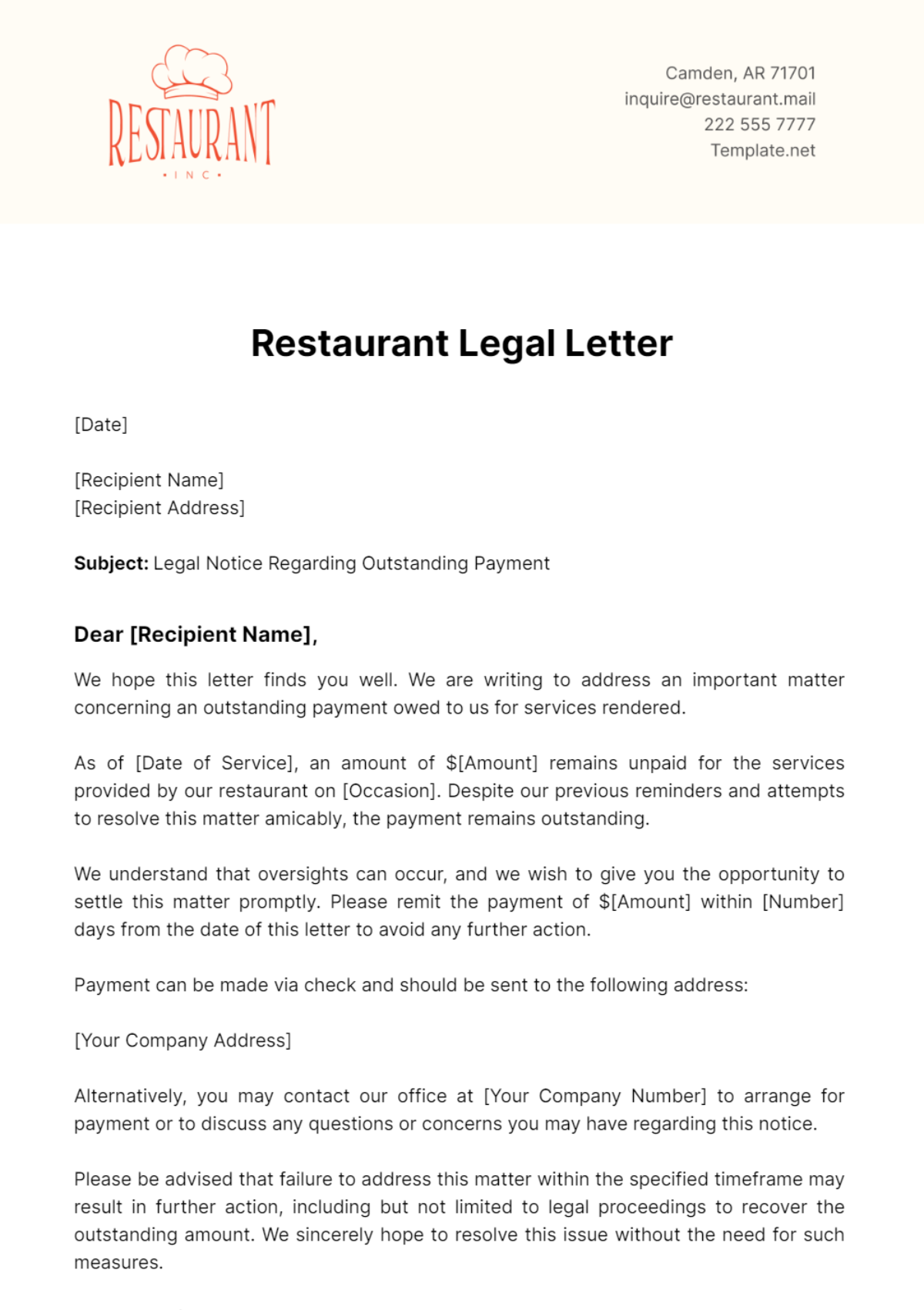 Restaurant Legal Letter Template - Edit Online & Download