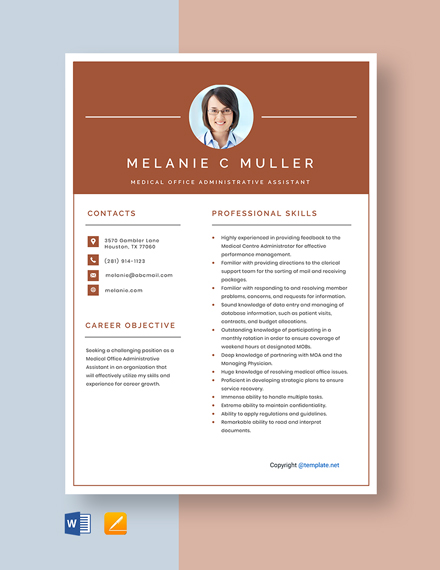 Medical Office Administrative Assistant Resume Template - Word, Apple Pages