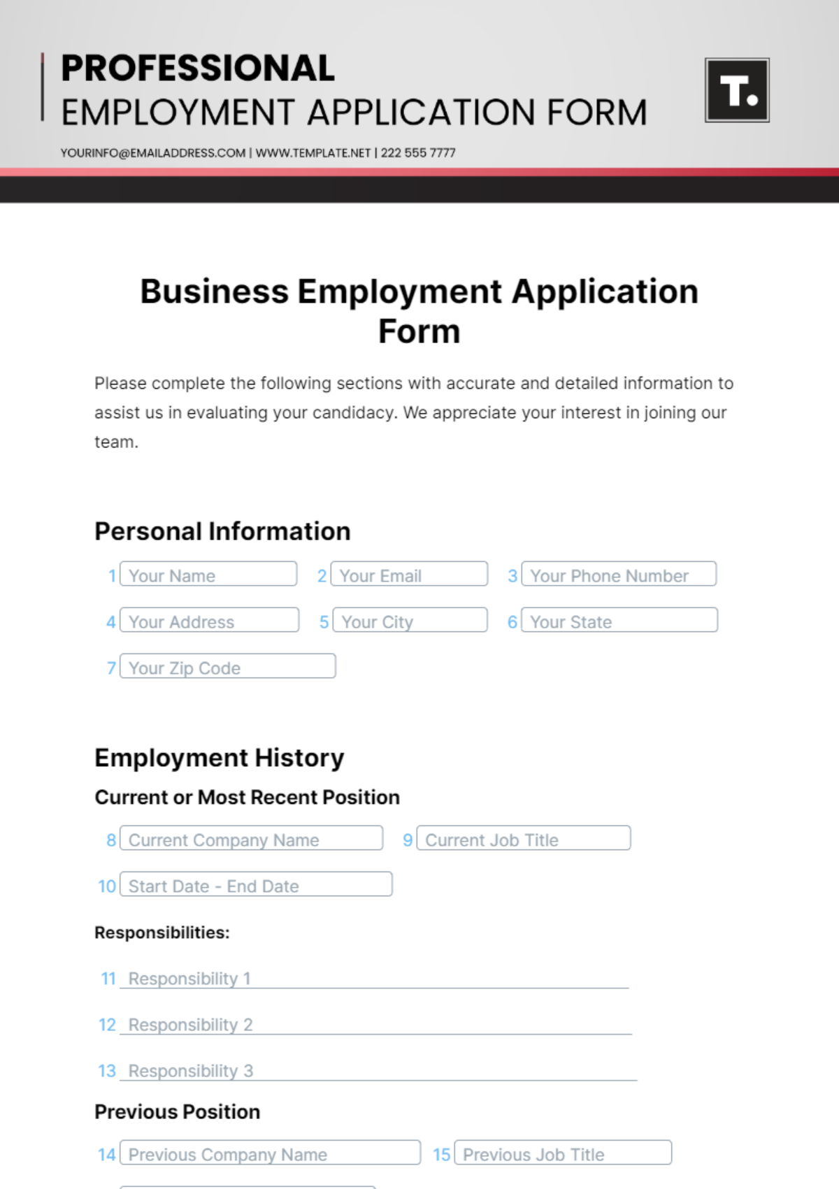 Business Employment Application Form Template - Edit Online & Download