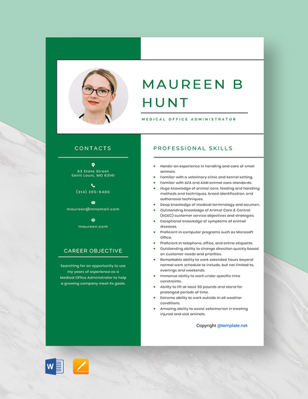 Medical Office Administrator Resume Template - Word, Apple Pages