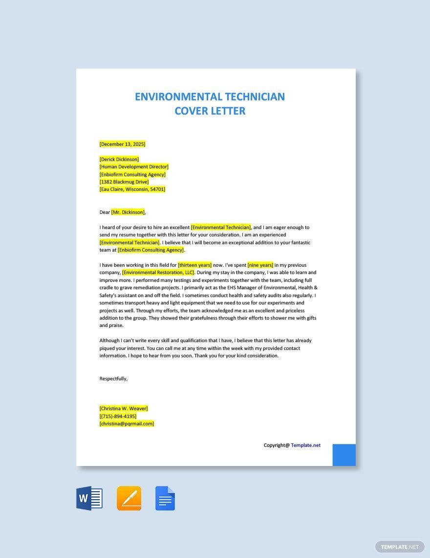 Environmental Technician Cover Letter Template
