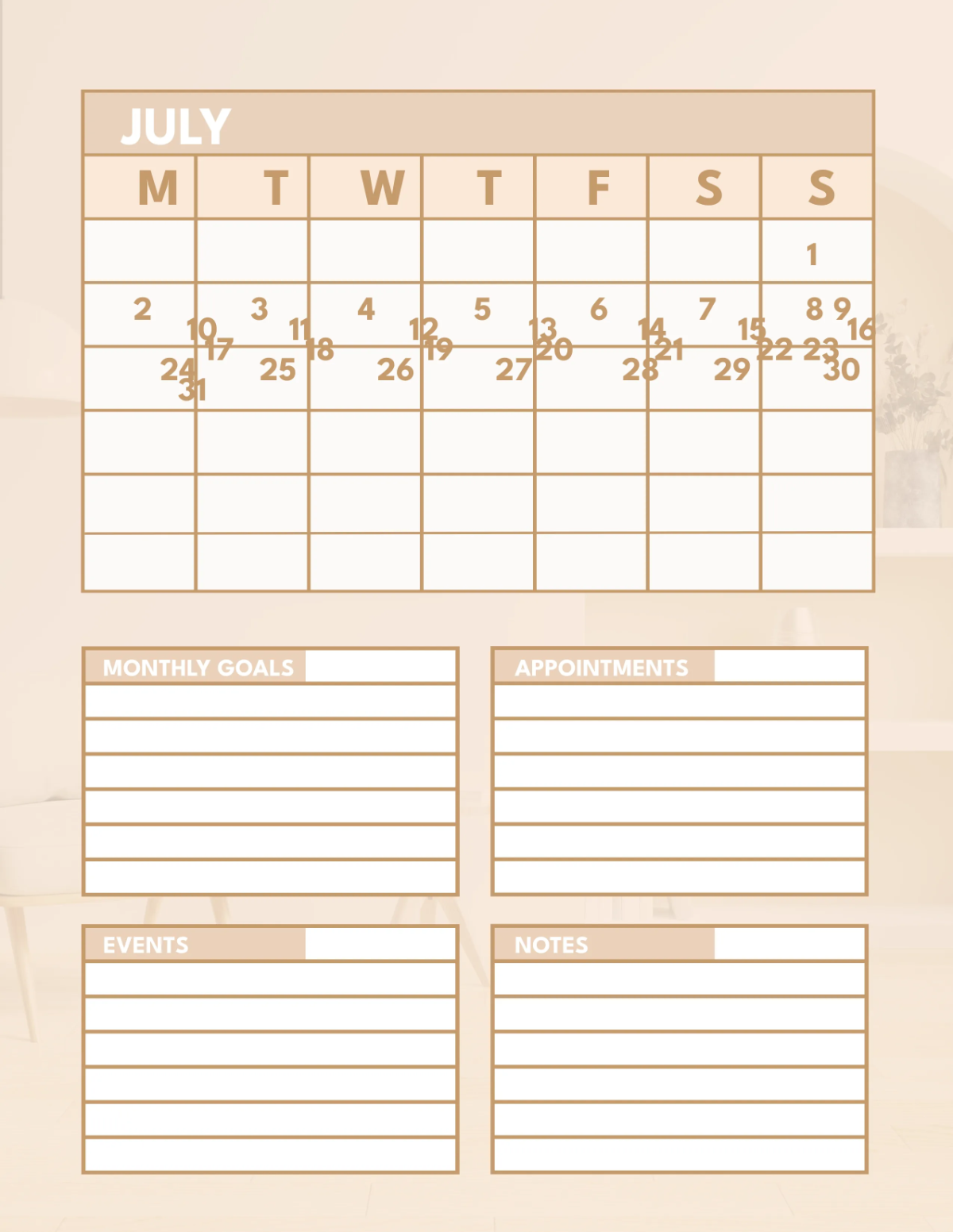 Free Interior Design Monthly Planner Template to Edit Online