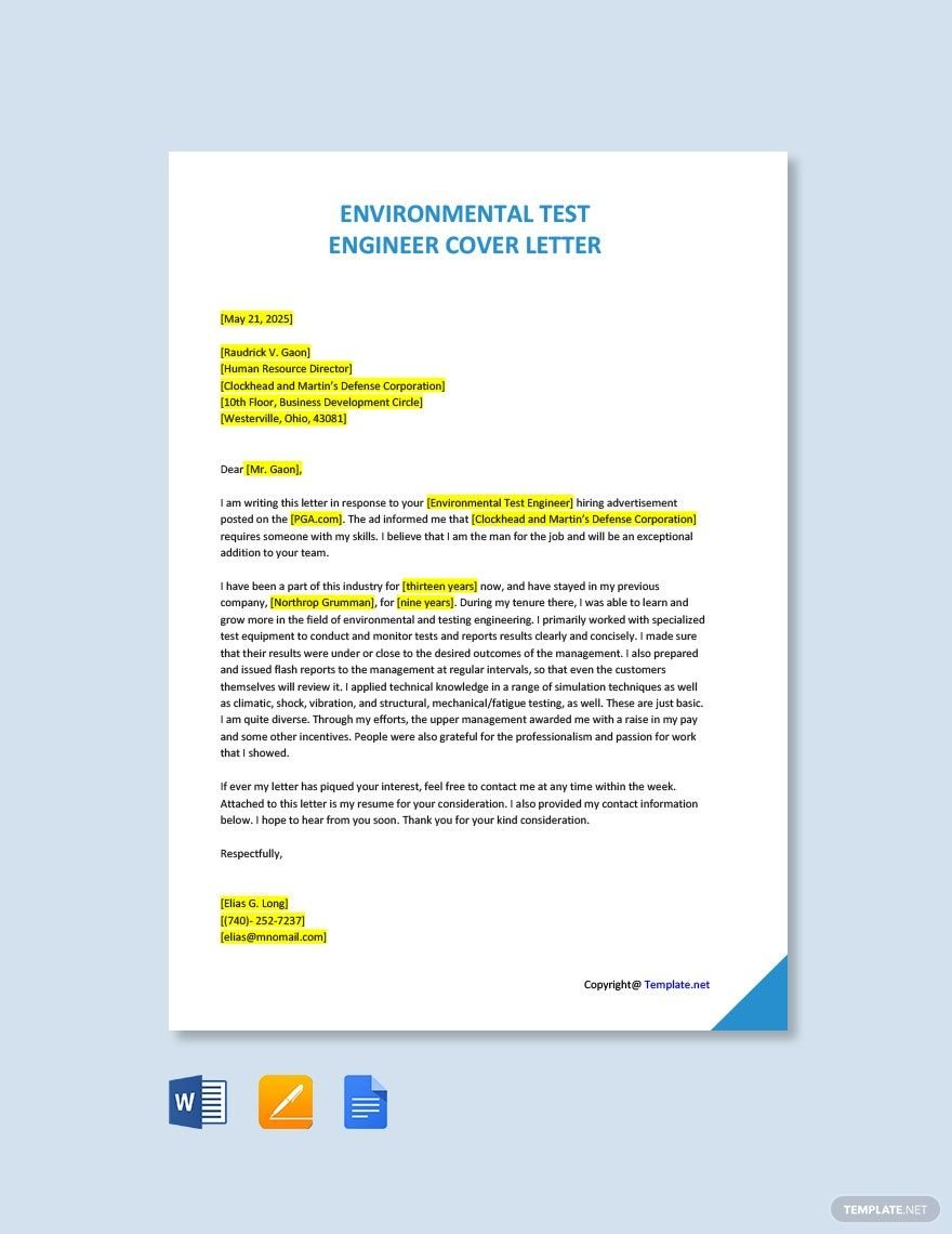 Environmental Test Engineer Cover Letter