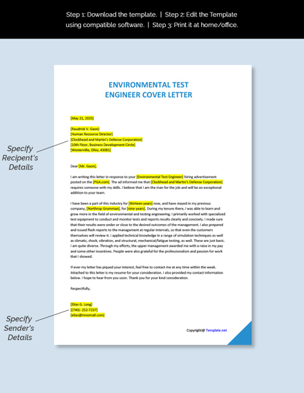 Environmental Test Engineer Cover Letter Template
