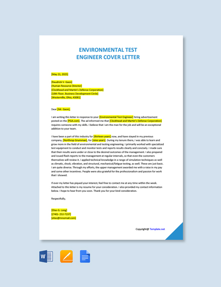 Environmental Test Engineer Cover Letter