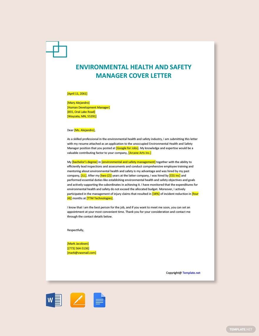 Environmental Health And Safety Manager Cover Letter Template