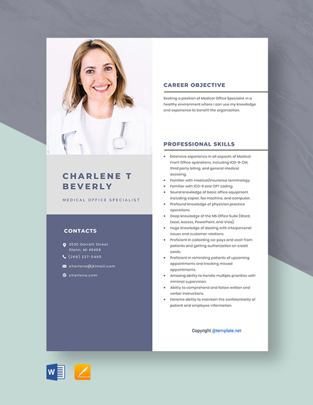 Medical Office Specialist Resume Template - Word, Apple Pages
