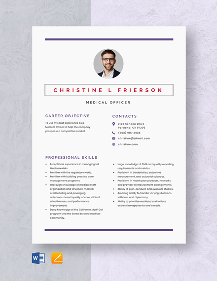 Free Medical Officer Resume Template - Word, Apple Pages